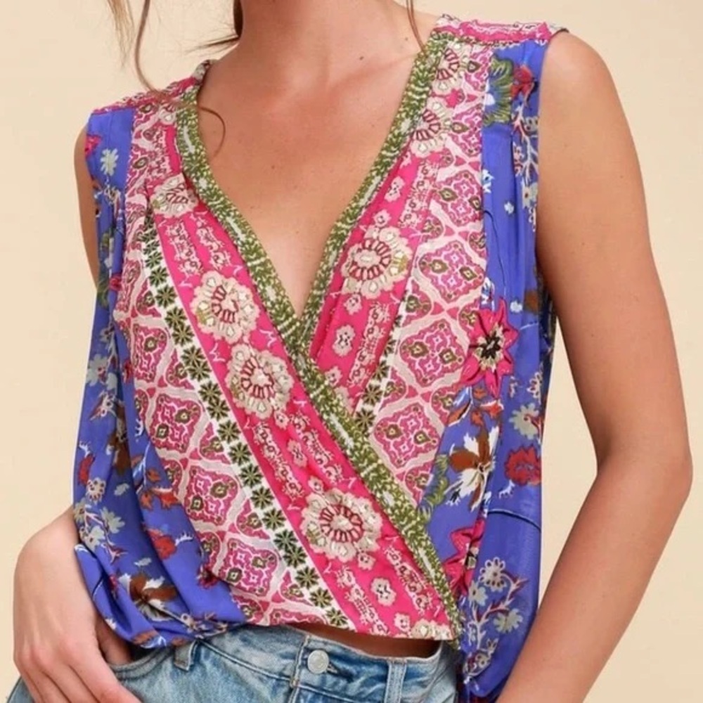 Free people Womens Floral Havana Sleeveless Blouse Tank Top Size XS Purple Boho